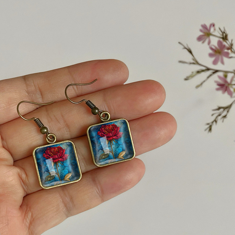 Women's Handmade Red Rose Square Dangle Earrings, Spiritual Gift